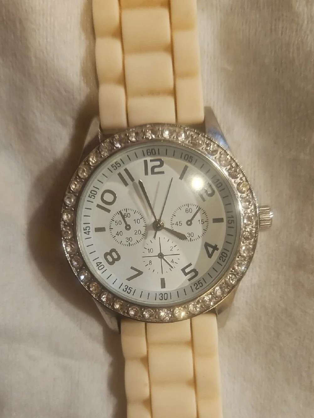 Ivory Silicone Strap Watch with Crystal Bezel